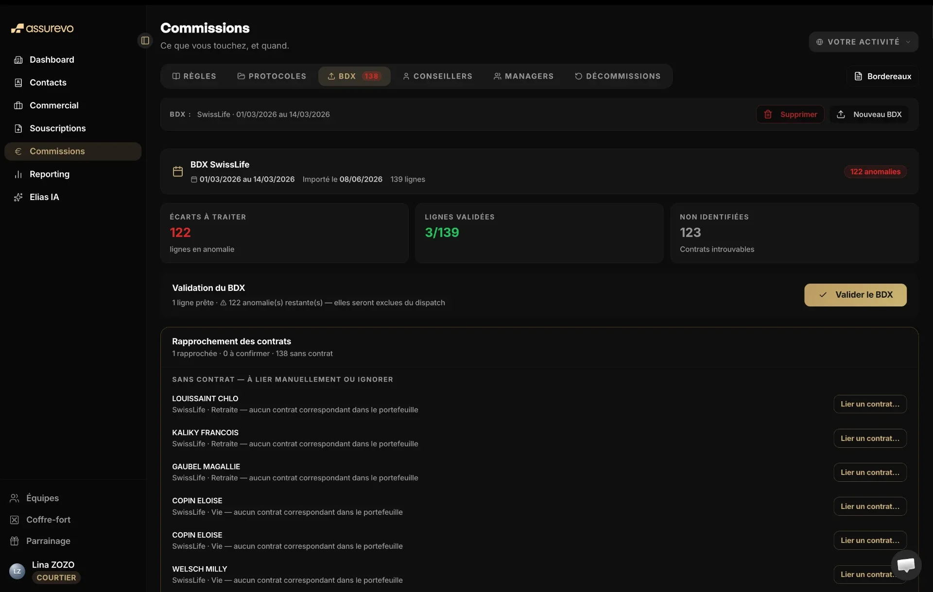 Validation d'un bordereau SwissLife dans Assurevo