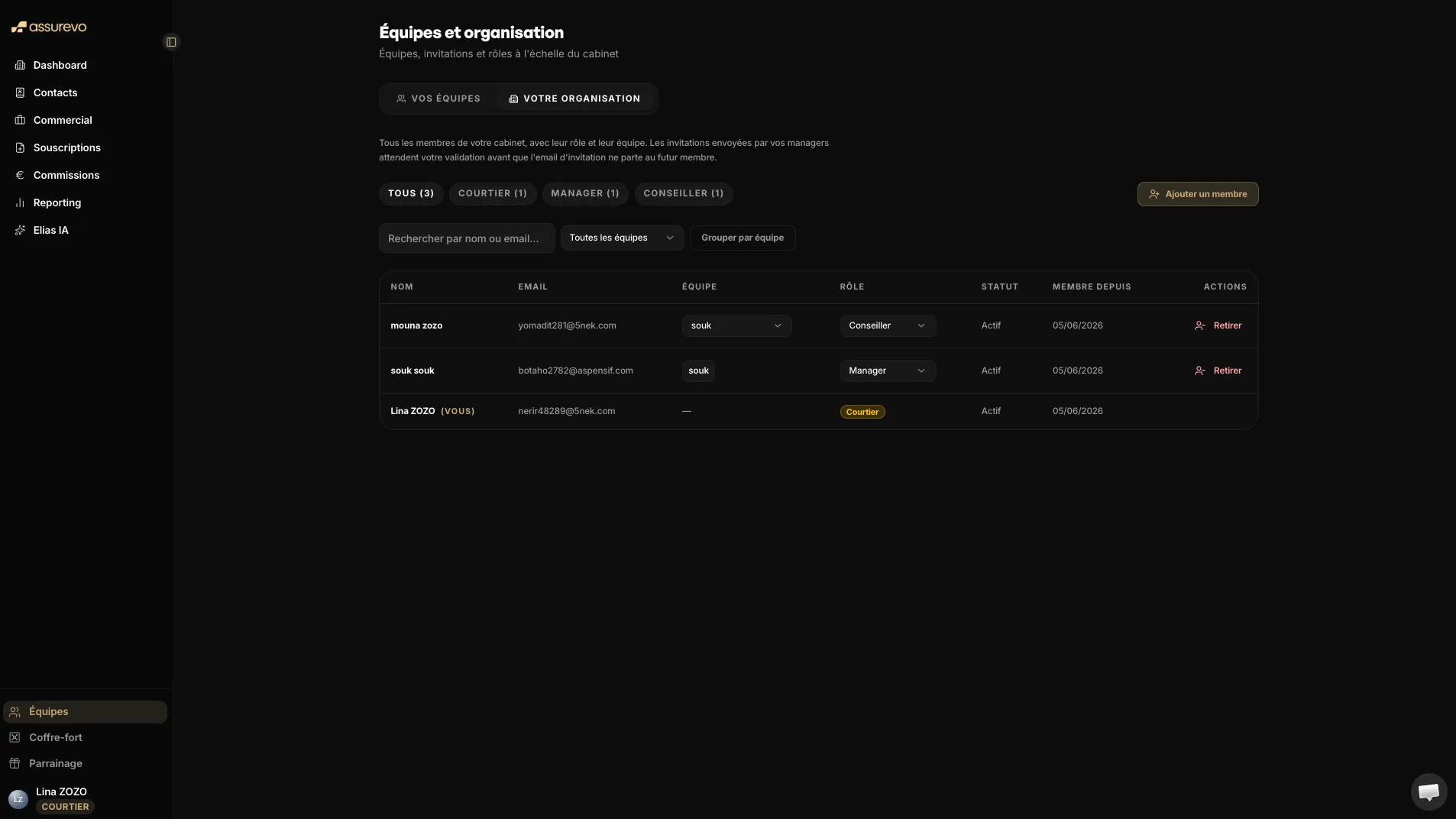 Équipes et organisation dans Assurevo