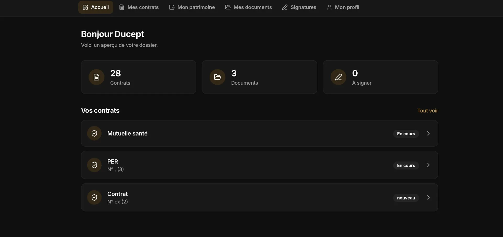 Espace client Assurevo : tableau de bord personnel