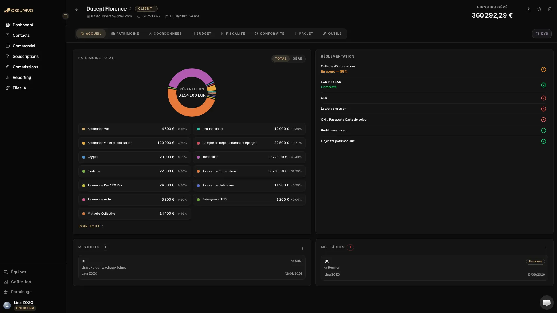 Vue patrimoine d'un client dans Assurevo