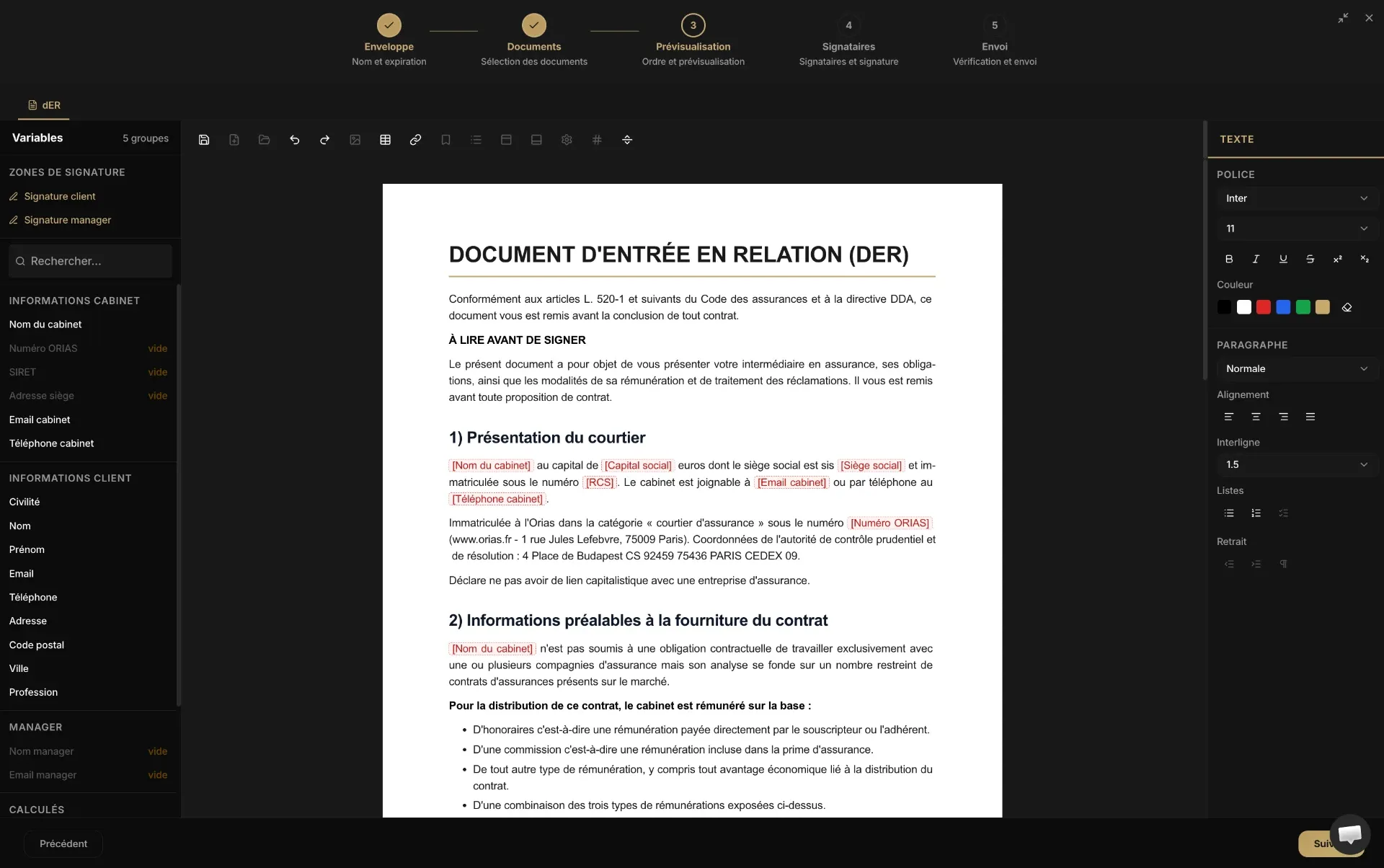 Éditeur de document DER avec variables dans Assurevo