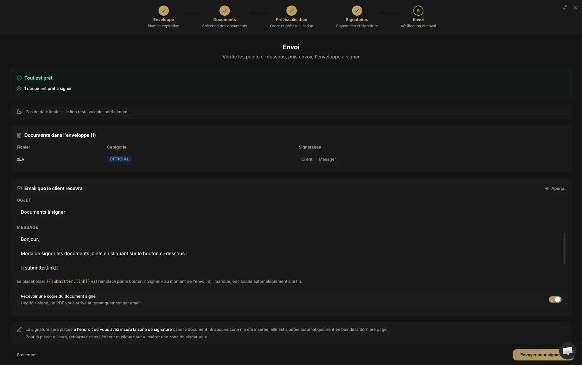 Récapitulatif avant envoi de l'enveloppe
